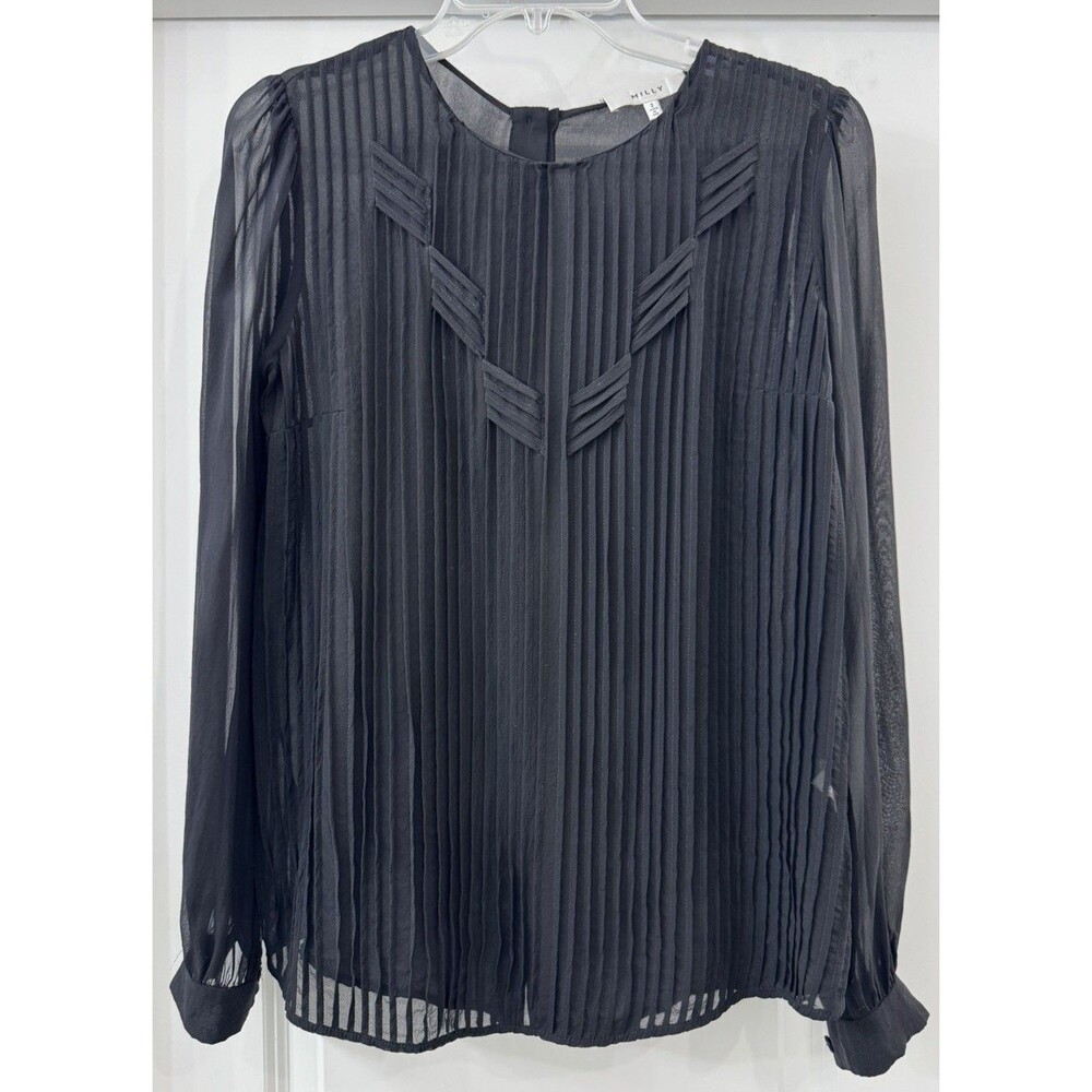 MILLY NY 100% Silk Pleated Front Sheer Blouse Black Sz 2 Hidden Button Down Back
